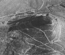 Aerial view of Victorio Peak looking north. The roads are the result of the 1963 search by the Gaddis Mining Company and the State of New Mexico. The so-called peak is only 400 feet high. - Source: www.wsmr.army.mil/paopage/ Pages/airvic.htm